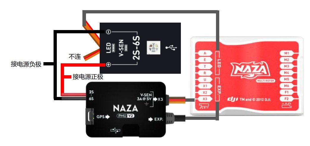 Naza-M V1兼容Naza-M V2 PMU硬件连线图